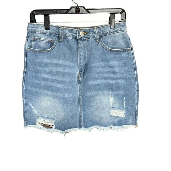 Forever 21 Skirt Blue Jean 5 Pockets Distressed Denim Button Zip Front Large - Picture 1 of 8